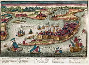 Kort over Cadiz - Spanien (gravering af Franz Hogenberg