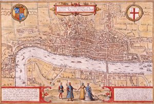 Kort over London City, Southwark og en del af Westminster, 1572 af Franz Hogenberg