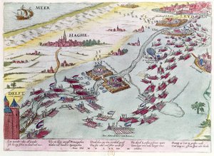 Søkamp ud for Haag-kysten Naval mellem havets tiggere og spanierne i 1573 (farvegravering) af Franz Hogenberg
