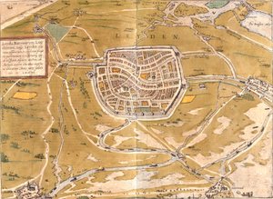 Plan over Leiden (Leyden), Holland (radering af Franz Hogenberg