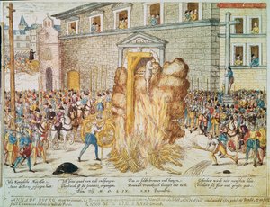 Religionskrig: henrettelse af den franske protestantiske magistrat Anne du Bourg (1521-1559) den 23/12/1559 på Place de Greve i Paris" af Franz Hogenberg
