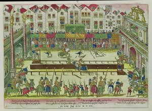 Turnering, hvor Henri II (1519-59) blev såret af greven af Montgomery og døde ti dage senere, 30. juni 1559 af Franz Hogenberg