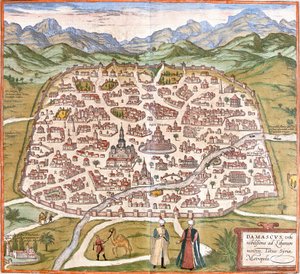 Udsigt over Damaskus (Damaskus), Syrien (radering af Franz Hogenberg