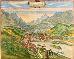 Udsigt over Innsbruck (Oenipons eller Enipontus), Østrig (radering af Franz Hogenberg