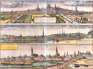 Udsigt over Munster (Monasterium), Osnabruck (Osnabrugum) og Wesel (Weselia), Tyskland (radering af Franz Hogenberg