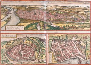 Udsigt over Rouen (Rotomagus), Nimes (Nemausus) og Bordeaux (Burdigala), Frankrig (radering). af Franz Hogenberg