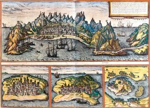 Udsigt over Aden (Yemen), Mombasa (Momba) (Kenya), Kilwa Kisiwani (Quiloa) (Tanzania) og Cefala Diana (Cefala) (Sicilien, Italien) (radering) af Franz Hogenberg