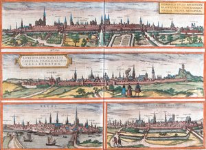 Udsigt over Brunswick (Brusvicum), Lüneburg (Loneburgum), Breme (Brema) og Oldenburg (Aldenburgum), Tyskland (radering af Franz Hogenberg