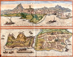 Udsigt over Candia (Candia), nuværende Heraklion på øen Kreta og Korfu eller Corcyra (Corphu), græsk ø (ætsning af Franz Hogenberg