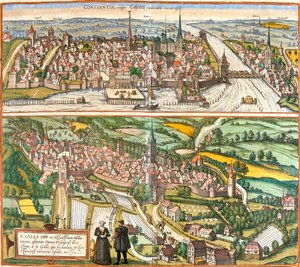 Udsigt over Constance (Contantia), Tyskland og St. Galli (S. Galli), Schweiz (radering af Franz Hogenberg