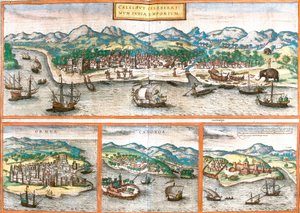 Udsigt over Kozhikode eller Calicut (Indien), Ormuz (Iran), Cannanore eller Kannur (Indien) og St. George of the Mine (S. George) eller Elmina (Ghana) (ætsning af Franz Hogenberg