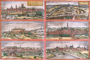 Udsigt over München (Monacum) Ingolstadt (Ingolstadium), Freising (Frisingensis), Nordlingen (Nordlinga), Regensburg (Ratispona) og Straubing (Stravbinga), Tyskland (radering) af Franz Hogenberg