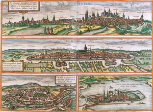Udsigt over Nürnberg (Nurnberga), Ulm (Ulma), Lindau (Lindola), Tyskland og Salzburg (Salisburgensis) i Østrig (radering af Franz Hogenberg