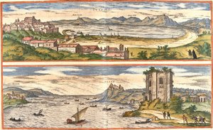 Udsigt over Pozzoli (Puteoli) og bugter (Baiae) (nuværende Baia), Italien, med de gamle rester af de termiske bade i Napoli-bugten og en fæstning (ætsning af Franz Hogenberg