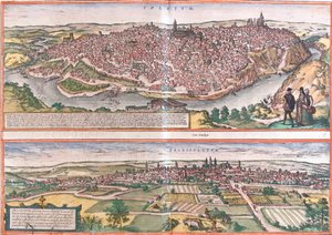 Udsigt over Toledo og Valladolid (Vallisoletum), Spanien (radering af Franz Hogenberg