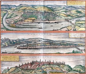 Udsigt over Treves (Treveris), Koblenz (Coboletz) og Rothenburg (Rotenburgum), Tyskland (radering af Franz Hogenberg
