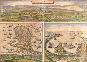 Udsigt over Tunis (Tunes) og Mahdia (Aphrodisium) i Tunesien, og Penon de Velez de la Gomera eller Badis (Bades) (Penon de Veles), penon de Veles, omstridt mellem Spanien og Marokko (radering).