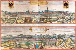 Udsigt over Wien (Wien), Østrig og Budapest (Buda), Ungarn (radering af Franz Hogenberg
