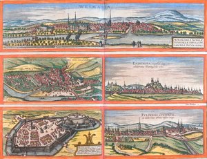 Udsigt over Weimar (Weimaria), Iena, Erfurt (Erdfordia), Gotha og Fulde (Fuldensis), Tyskland (radering). af Franz Hogenberg