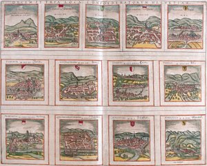 Udsigt over hovedbyerne i Det Schweiziske Forbund: Schwytz (Svicia), Zug (Tugium), Glaris (Glarona), Basel (Basel), Zürich (Tugurum), Bern (Ursina), Lucerne (Lucerna), Uri (Ursella), Fribourg (Freegurgum), Solothurn (Soloturensis), Schaffhausen (Kapel). af Franz Hogenberg