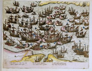 nederlaget for den usynlige spanske armada ved de engelske kyster den 08/08/1588, illustration fra 1653 (gravering) af Franz Hogenberg