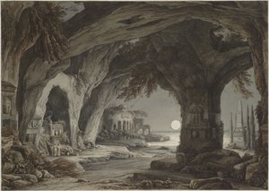Ideelt landskab med klippegrotte, grave og ruiner i måneskin, ca. 1790.
