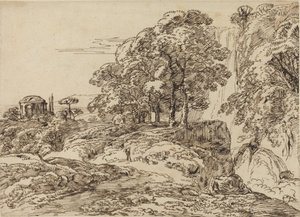 Pastoralt landskab med et vandfald og et tempel