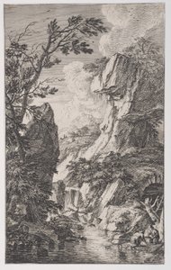 Plade 4: to fiskere på bredden af et vandløb til højre, et vandfald i midten, fra..., ca. 1700-25. af Franz Joachim Beich