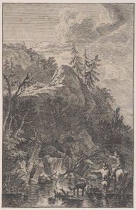 Tavle 5: kvindefigur til hest og en mandlig figur med en hund stående i en stre..., ca. 1700-25. af Franz Joachim Beich