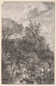 Tavle 5: kvindefigur til hest og en mandsfigur med en hund stående i en stre..., ca. 1700-25. af Franz Joachim Beich