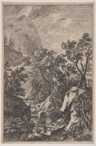 Plade 6: to mandsfigurer stående på en sten til højre, et vandfald i midten med en..., ca. 1700-25. af Franz Joachim Beich