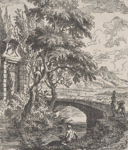 Plade 7: to figurer til højre ved at krydse en stenbro, en fisker i for..., ca. 1700-25. af Franz Joachim Beich