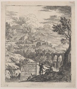 To hyrder hviler ved siden af en piedestal, en akvædukt til højre i baggrunden, en..., ca. 1700-25. af Franz Joachim Beich