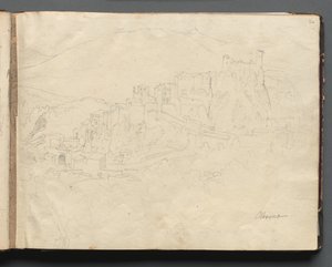 Album med udsigt over Rom og omgivelser, Landskabsstudier, side 02a: Olevano. af Franz Johann Heinrich Nadorp