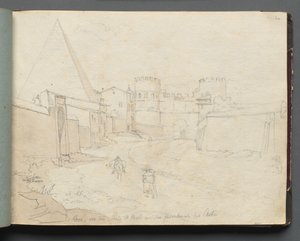 Album med udsigt over Rom og omgivelser, Landskabsstudier, side 06a: "Rome von der Porta St. Paolo" af Franz Johann Heinrich Nadorp