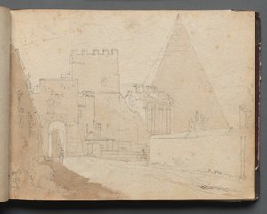 Album med udsigt over Rom og omgivelser, Landskabsstudier, side 08a: Porta St. Paolo. af Franz Johann Heinrich Nadorp