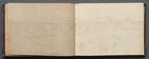 Album med udsigt over Rom og omgivelser, Landskabsstudier, side 08b og 09 a: Panoramaudsigt over Rom af Franz Johann Heinrich Nadorp