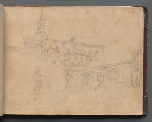 Album med udsigt over Rom og omgivelser, Landskabsstudier, side 26a: Romersk arkitektonisk udsigt. af Franz Johann Heinrich Nadorp