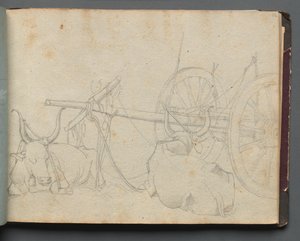 Album med udsigt over Rom og Omegn, Landskabsstudier, side 37a: Okser og vogn. af Franz Johann Heinrich Nadorp
