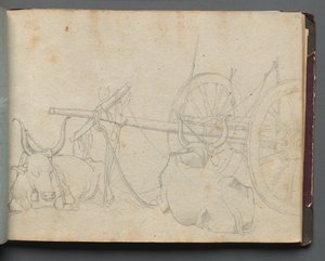 Album med udsigt over Rom og omgivelser, Landskabsstudier, side 37a: Okser og vogn af Franz Johann Heinrich Nadorp