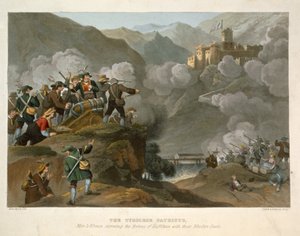 De tirolske patrioter, der stormer fæstningen Kuffstein med deres trækanoner, graveret af John Heaviside Clark (ca. 1771-1863) og Matthew Dubourg (fl.1813-20) fra Historic, Military and Naval Anecd