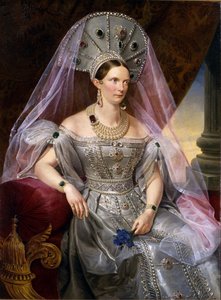 Portræt af kejserinde Alexandra Fyodorovna Charlotte af Preussen, i kokoshnik, ca 1836