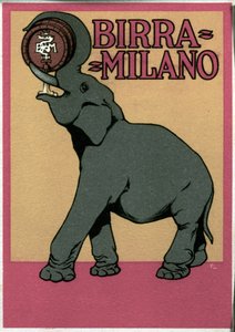 Reklameplakat for Milano-øl illustreret af Franz Laskoff (1869-1921), der forestiller en elefant, der drikker med sin snabel direkte fra tønden. 20. århundrede