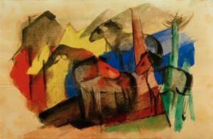 Tre heste i landskab med huse af Franz Marc