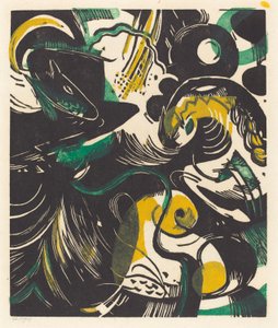 Genesis II (Schopfungsgeschichte II), 1914 (træsnit i gul, sort og grøn) af Franz Marc