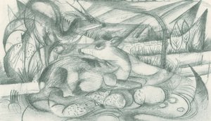 Hjort og hind i et urtidslandskab af Franz Marc