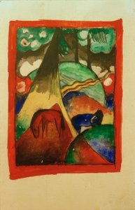 Rød og blå hest i landskab af Franz Marc