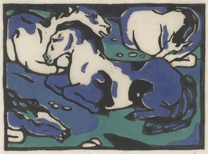 Ruhende Pferde (Hvilende heste), 1911-1912, trykt 1916 (træsnit i sort, blå og grøn på japansk papir) af Franz Marc