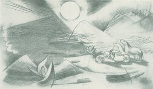 Uberørt landskab med sol, bjerge og en gruppe heste af Franz Marc