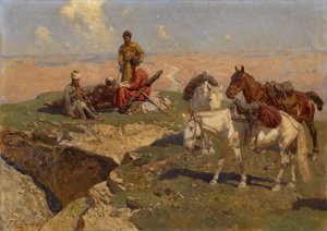 Kaukasiske ryttere i hvile, 1917 af Franz Roubaud
